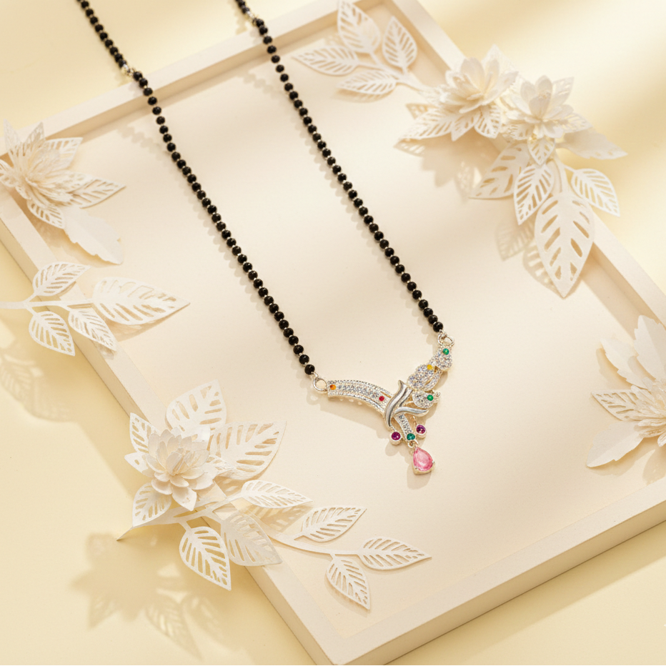 Exquisite Multi-Gemstone Floral V-Pendant Silver Mangalsutra