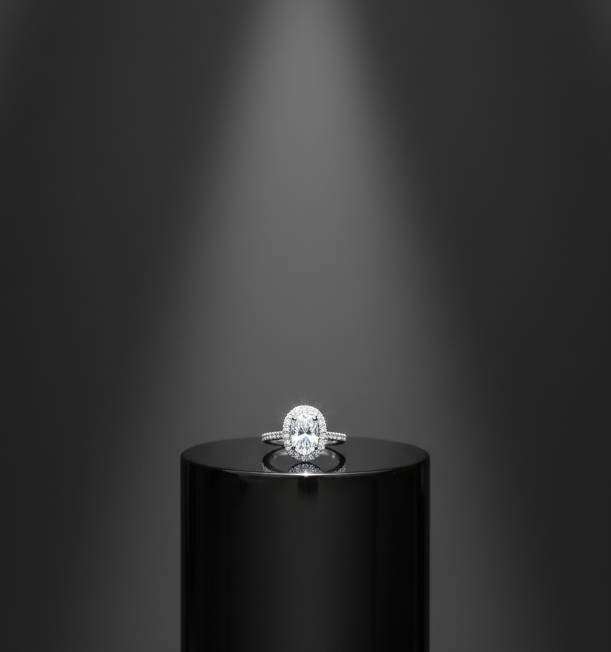 Dazzling Oval Diamond Halo Engagement Ring on a Black Pedestal