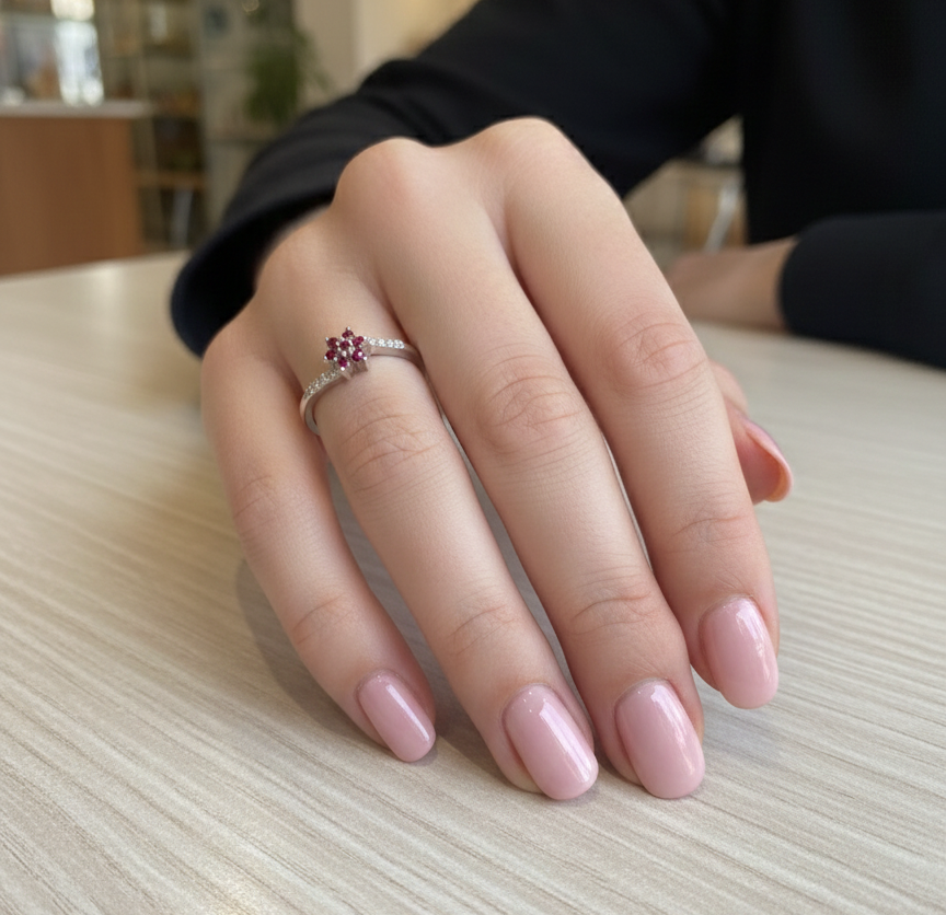 Delicate Silver Ring with Ruby-Colored Floral Cluster and Diamond Accents