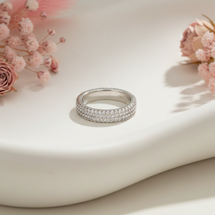 Dazzling Triple-Row Diamond Eternity Silver Band