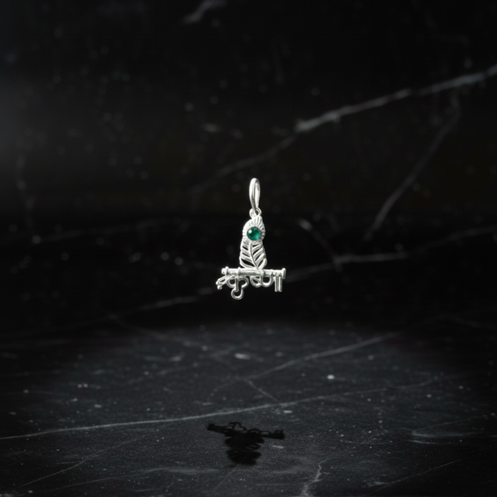 Sterling Silver Krishna Flute and Peacock Feather Pendant