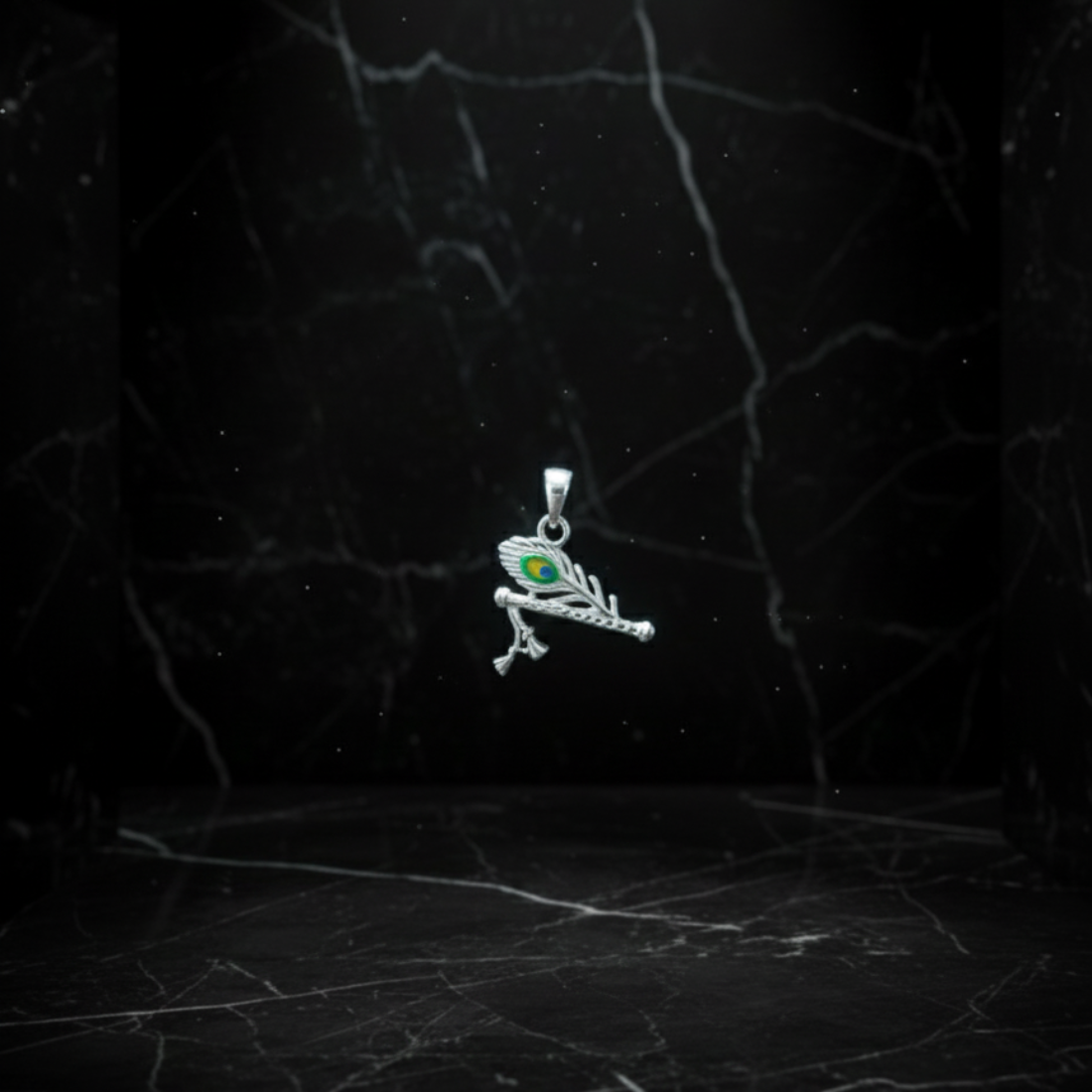 Symbolic Silver Flute and Peacock Feather Pendant.
