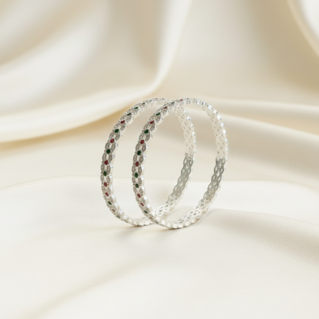 Elegant Silver Bangles with Ruby and Emerald Accents