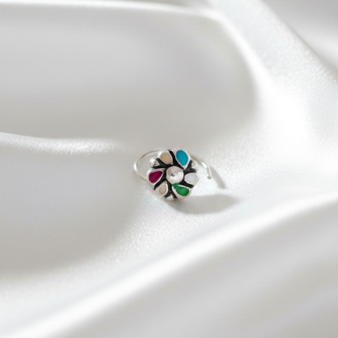 Handcrafted Oxidized Silver Nose Pin with Multi-Color Stones - Balaji Jewellers