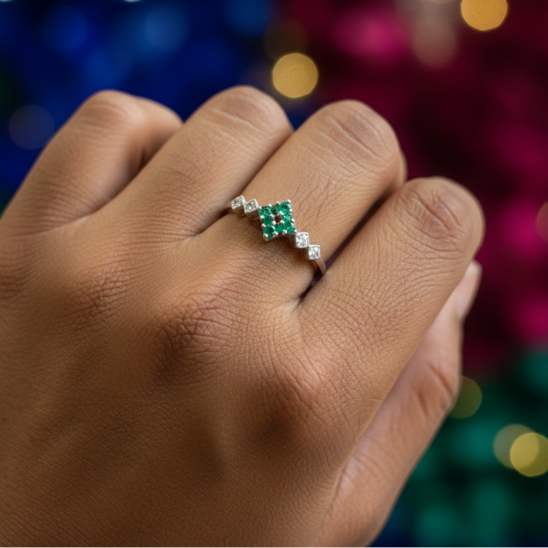 Modern Silver Ring with Square Emerald Cluster and Diamond Accents