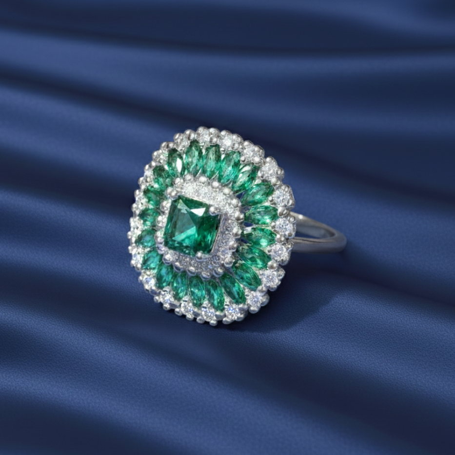 Green Emerald Bloom Diamond Cocktail Ring