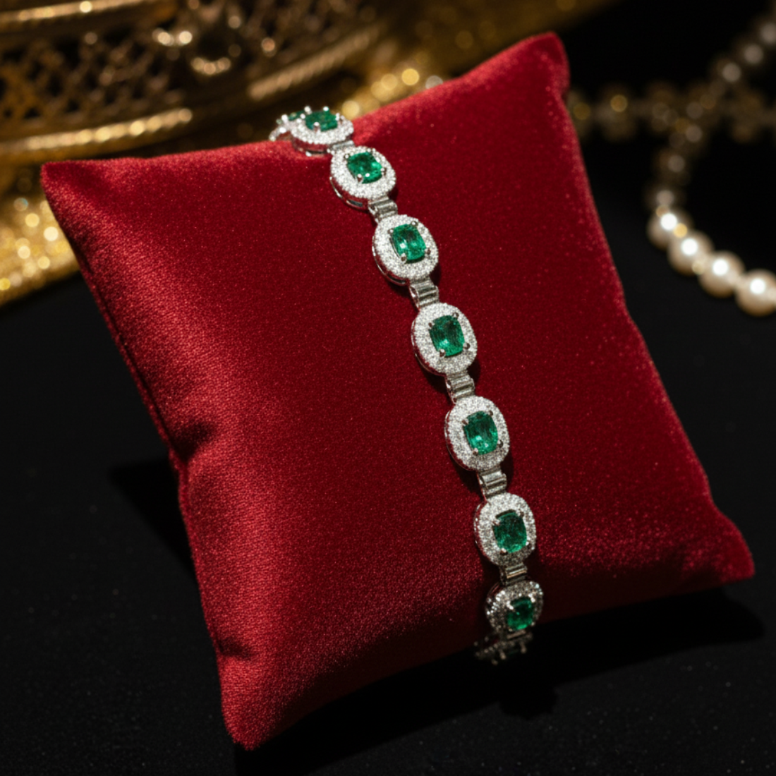 Exquisite Emerald and Diamond Halo Tennis Bracelet