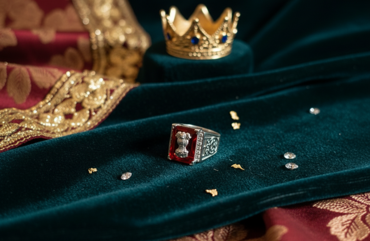 Ornate Silver and Red Gemstone Ring with India's National Emblem