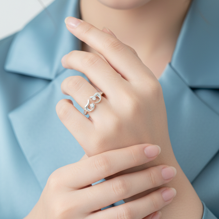 Silver Open-Heart Adjustable Ring with Sparkling Accents