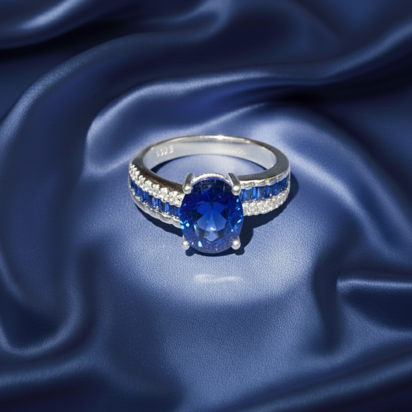 Deep Blue Oval Sapphire Diamond-Accented Ring