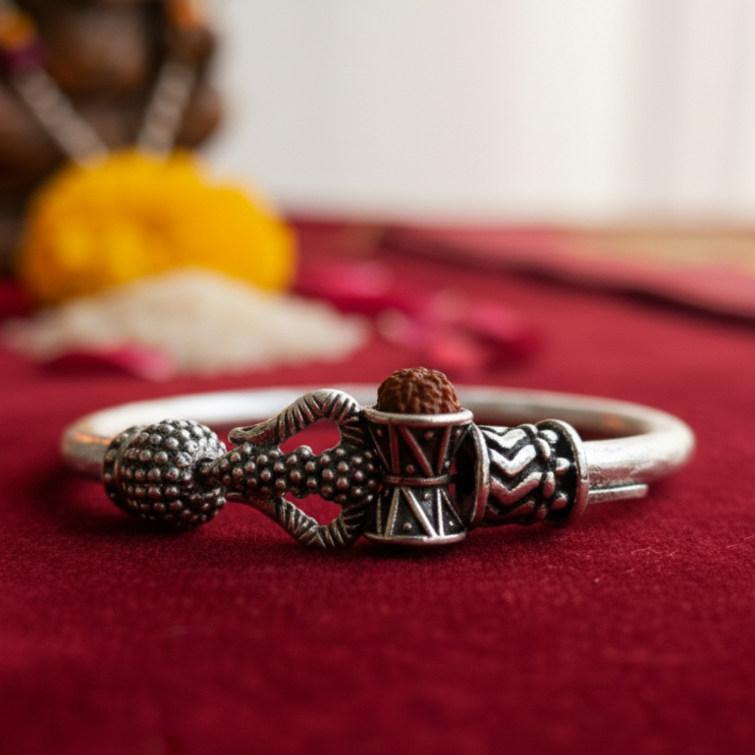 Divine Protection Silver Adjustable Baby Kada with Rudraksha & Trishul Motifs.