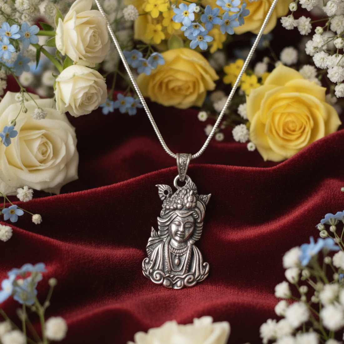 Divine Oxidized Lord Krishna Silver Pendant with Intricate Peacock Feather Design