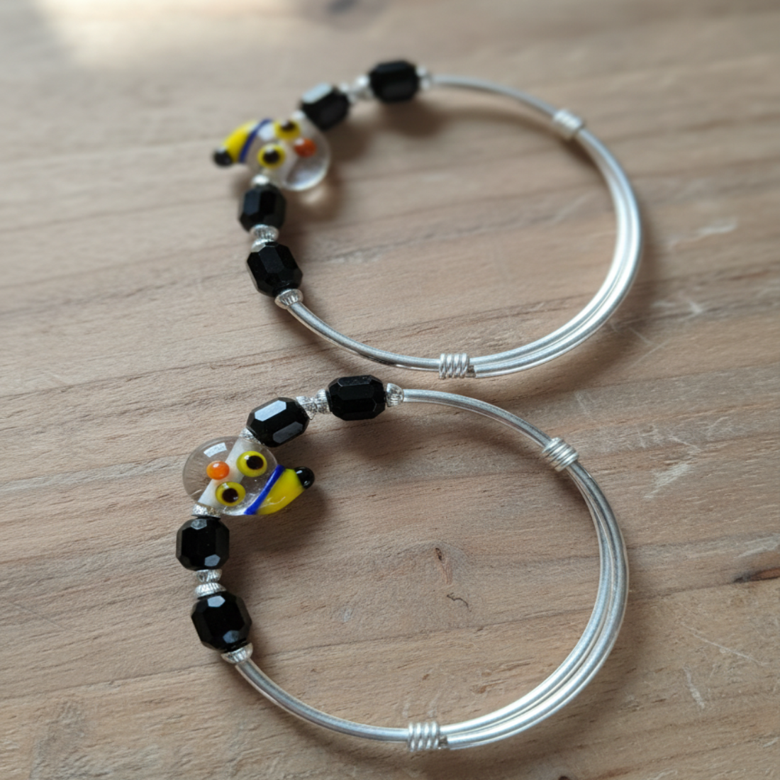 Adjustable Sterling Silver Baby Kada with Whimsical Glass and Black Agate Beads.