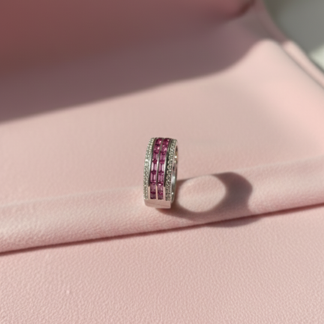 Vibrant Pink Baguette Gemstone Pave Band Ring