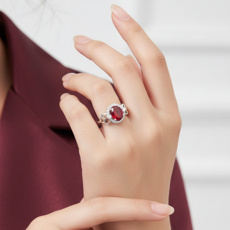 Elegant Oval Ruby Red Gemstone Silver Ring with Crystal Accents
