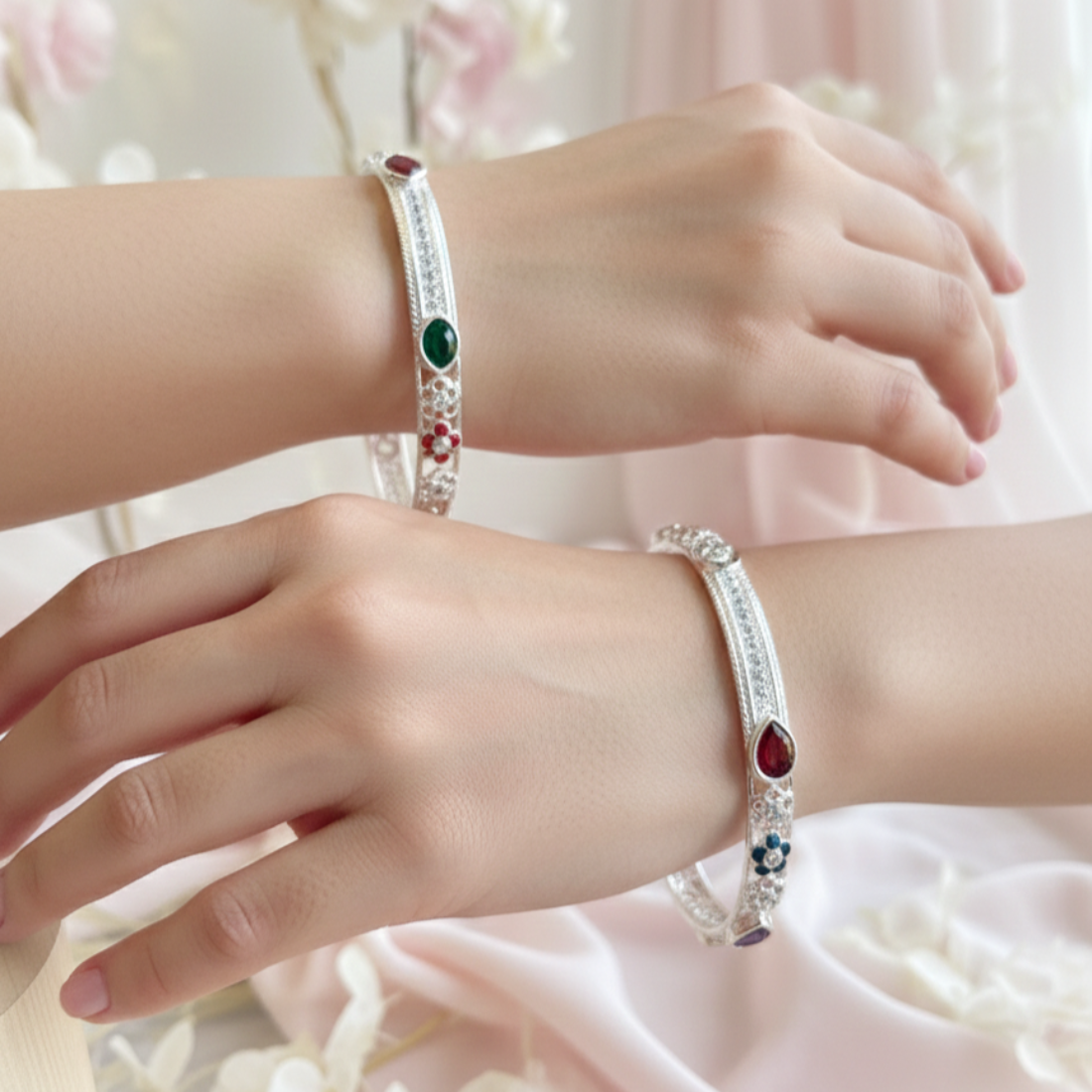 Exquisite Silver Bangle Elegance Colorful Zircons
