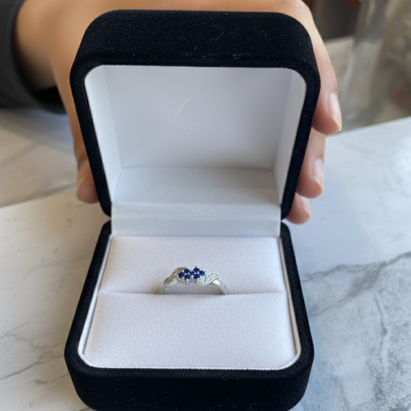 Elegant Three-Stone Blue Gemstone Ring with Diamond Accents - Balaji Jewellers