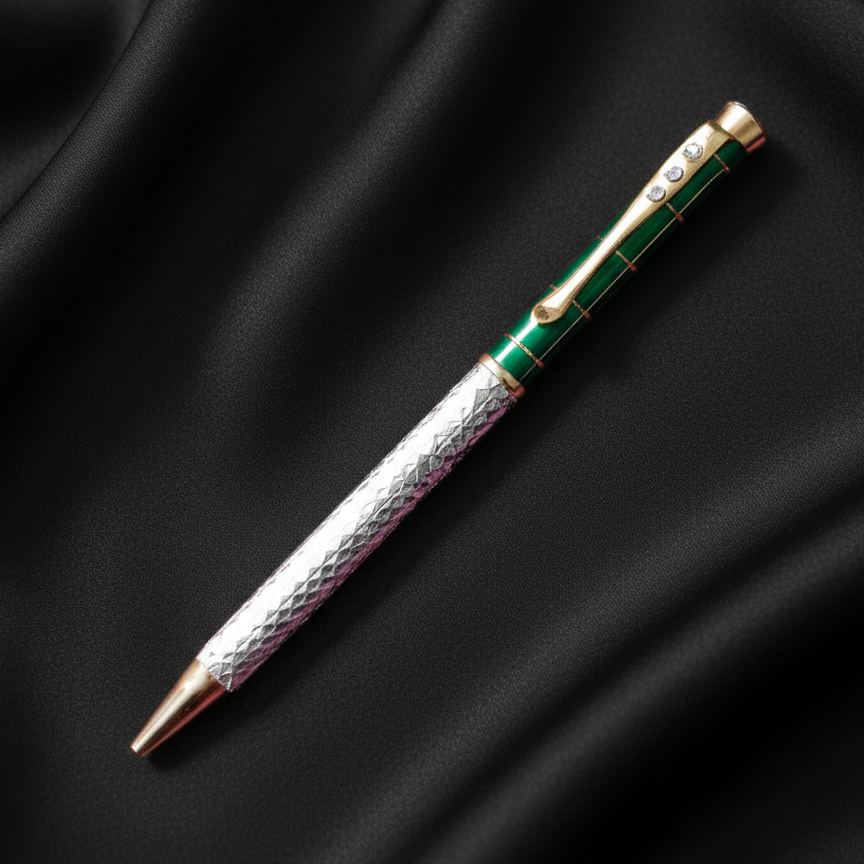 Exquisite Green & Textured Silver Dual-Tone Luxury Pen