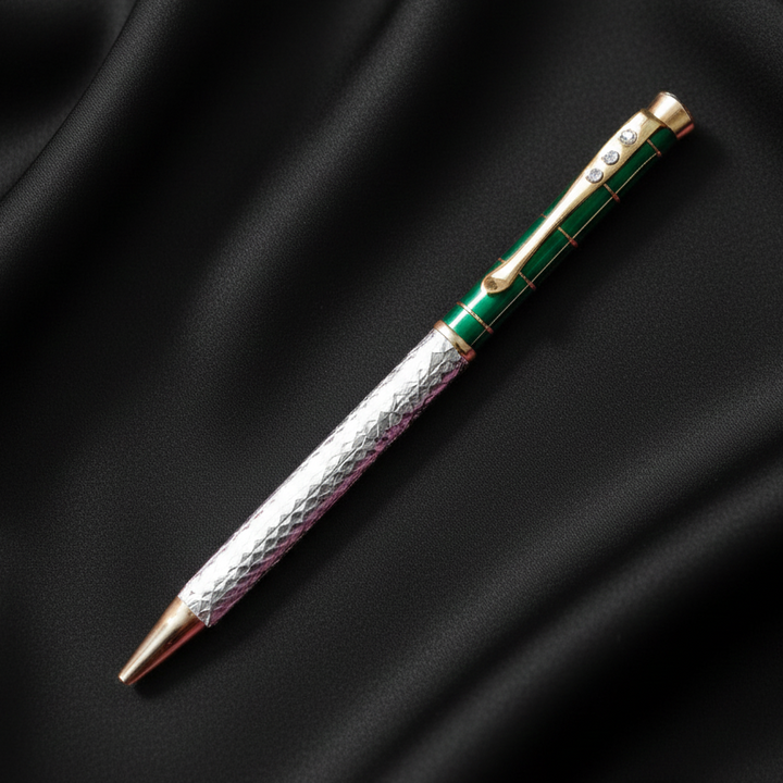 Exquisite Green & Textured Silver Dual-Tone Luxury Pen