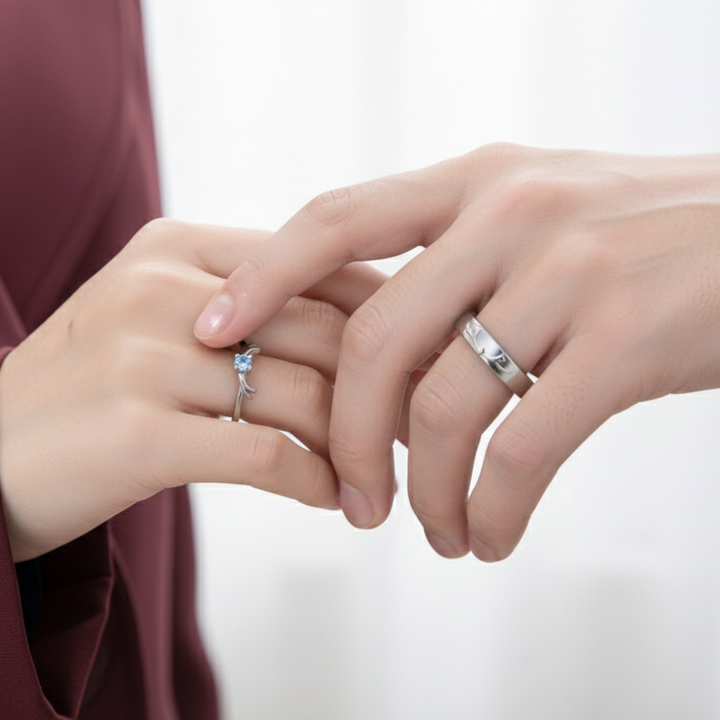 Deep Blue Sapphire Deer Antler Sterling Silver Couple Ring Set