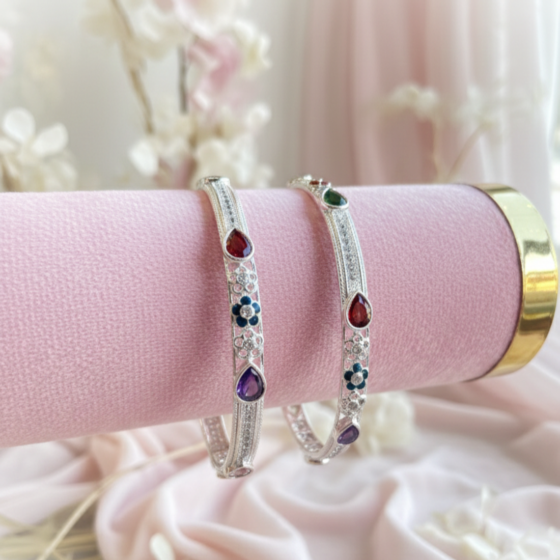 Exquisite Silver Bangle Elegance Colorful Zircons
