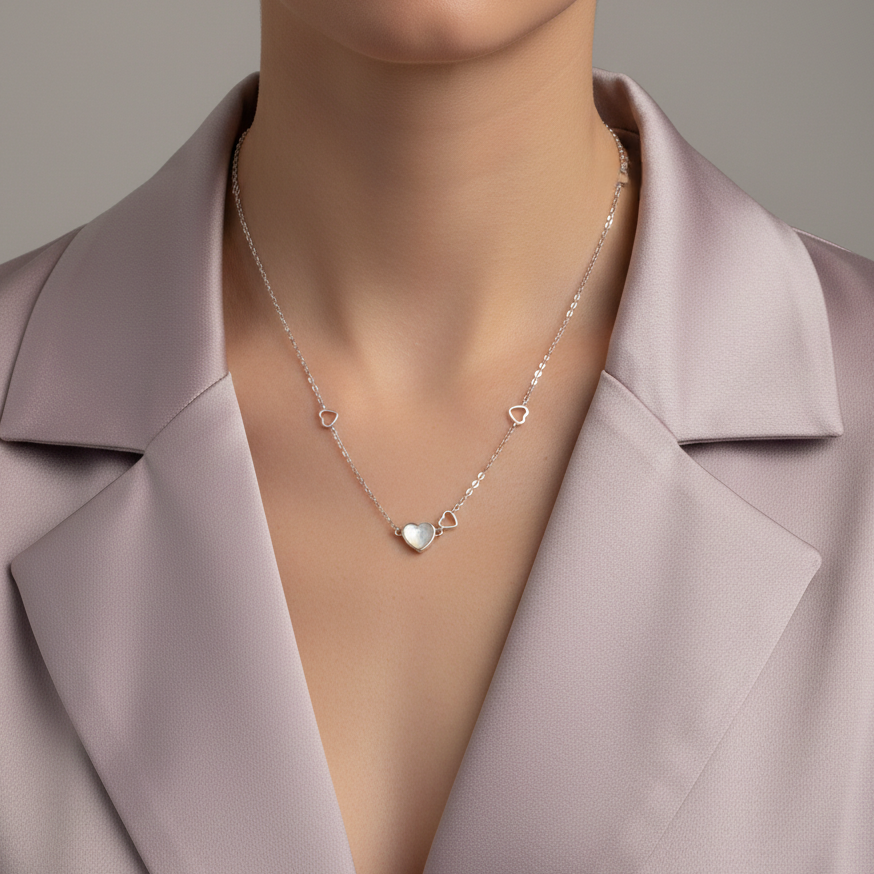 Iridescent Mother of Pearl Heart Station Necklace in Sterling Silver