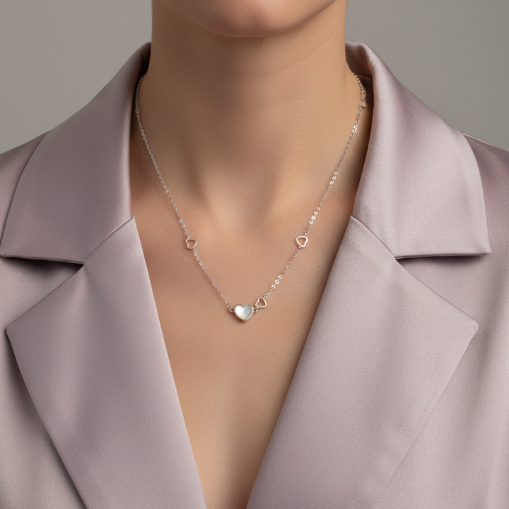 Iridescent Mother of Pearl Heart Station Necklace in Sterling Silver