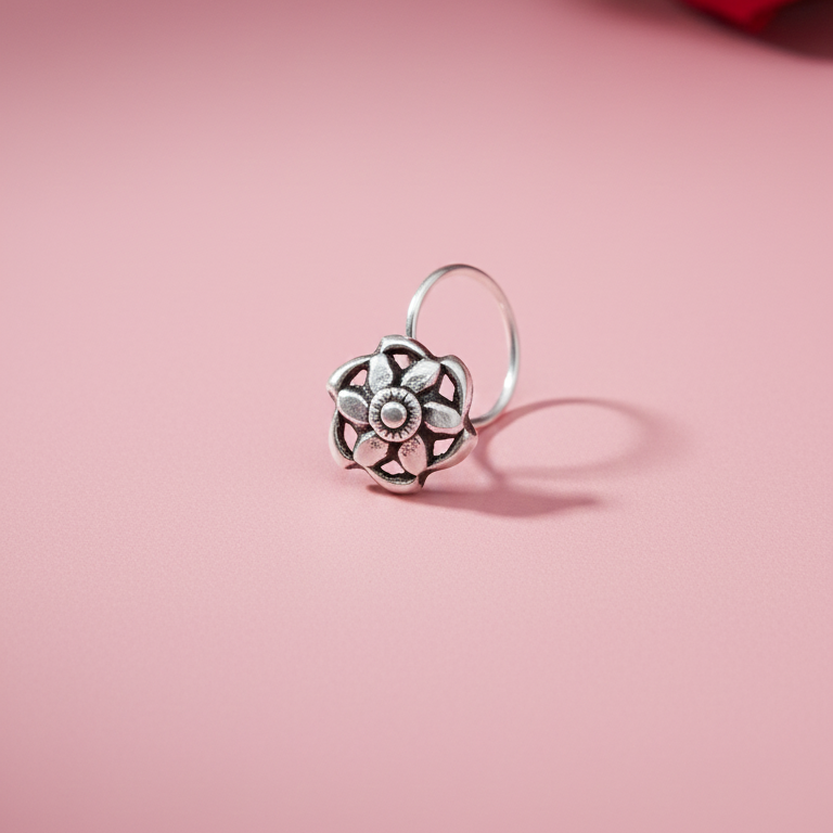 Elegant Oxidized Silver Floral Nose Pin with Wire Backing