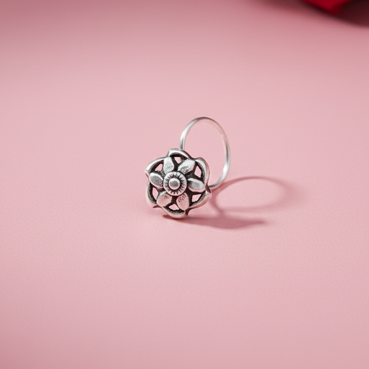 Elegant Oxidized Silver Floral Nose Pin with Wire Backing