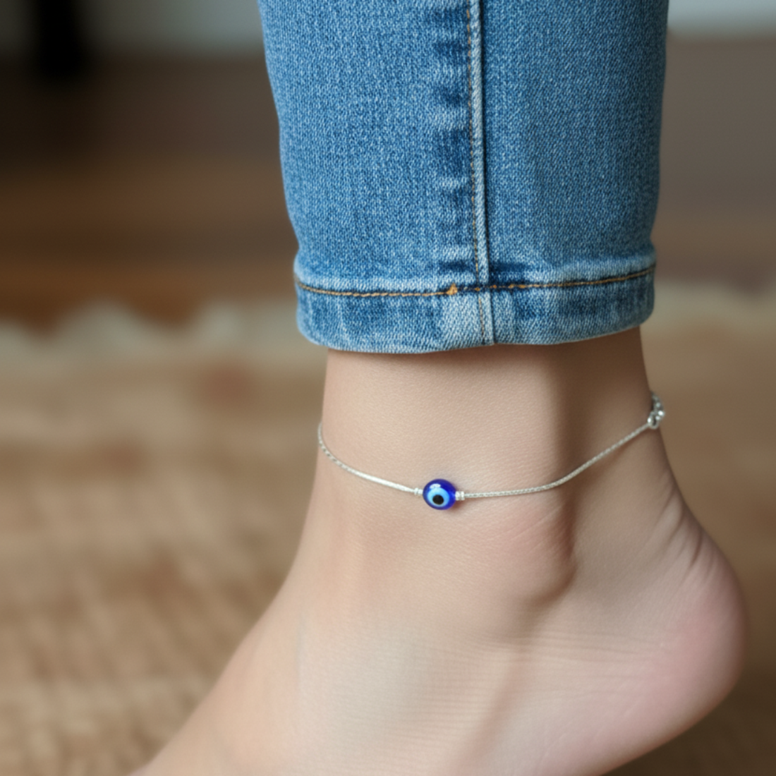Delicate Silver Anklet with Single Evil Eye Charm