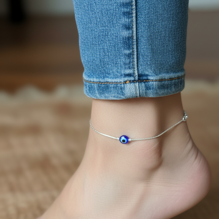 Delicate Silver Anklet with Single Evil Eye Charm
