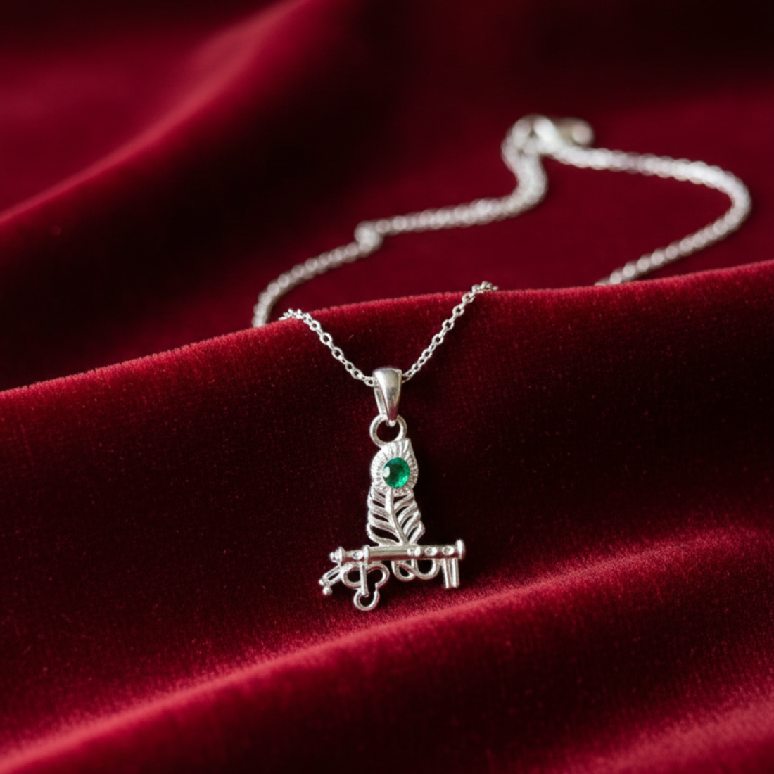 Sterling Silver Krishna Flute and Peacock Feather Pendant