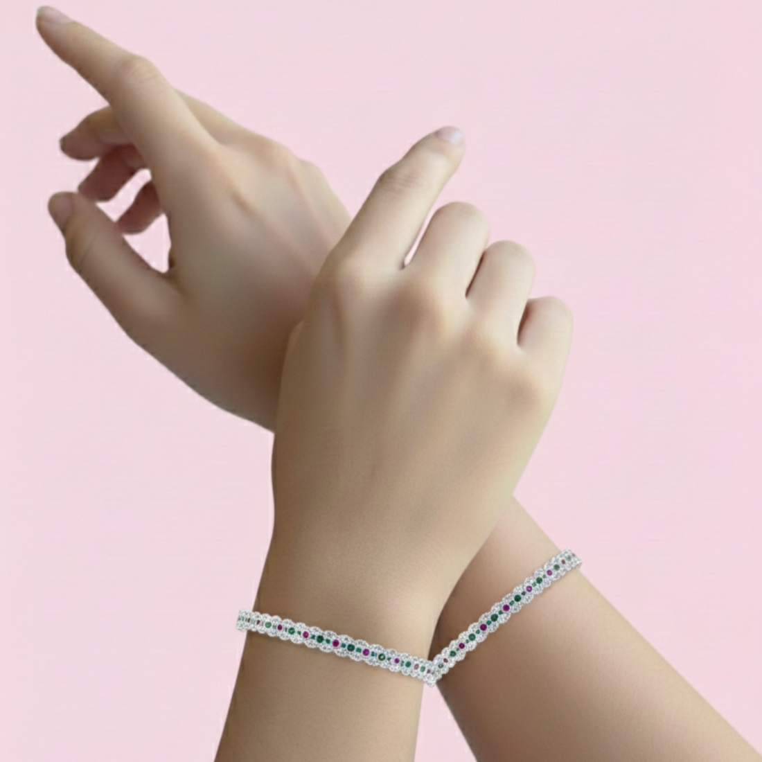 Elegant Silver Bangles with Ruby and Emerald Accents