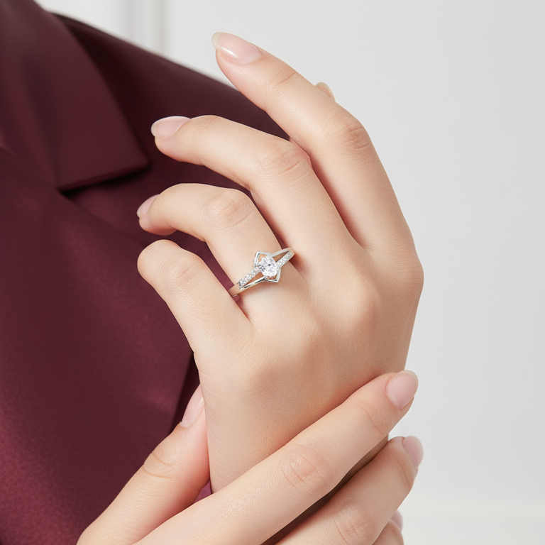 Elegant Silver Geometric Diamond Solitaire Ring