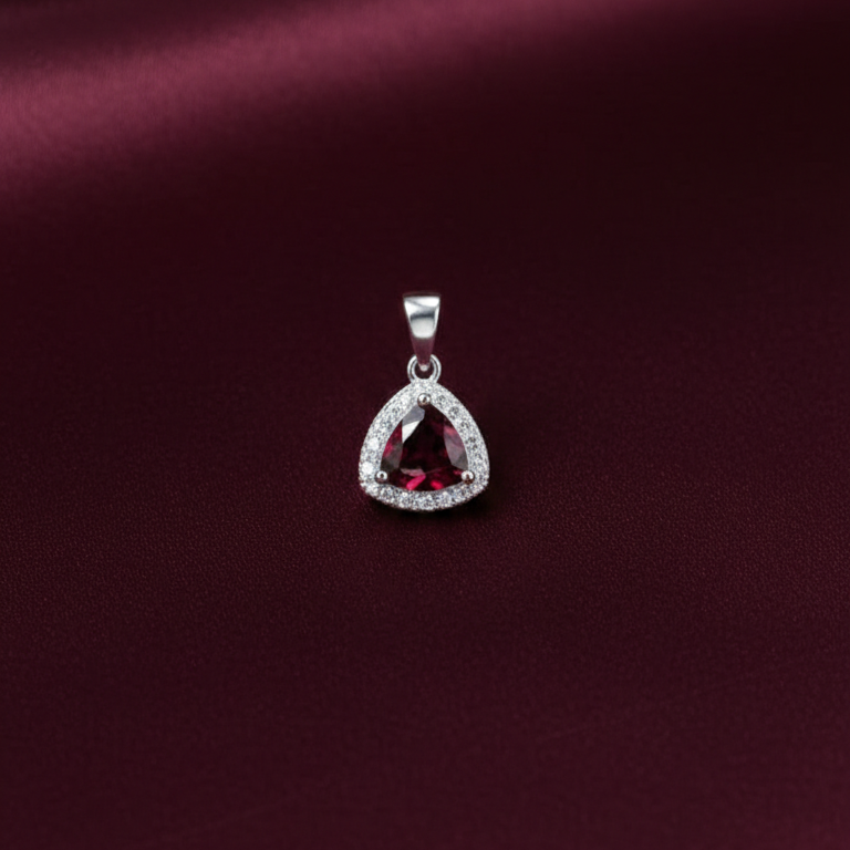 Ruby Radiance Trillion Cut Sterling Silver Halo Chain Pendent
