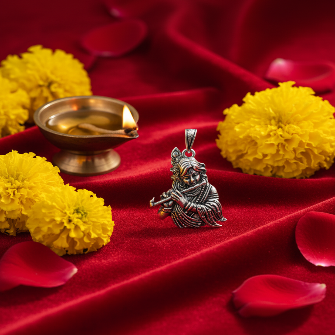 Antique Finish Oxidized Silver Lord Krishna Playing Flute Pendant