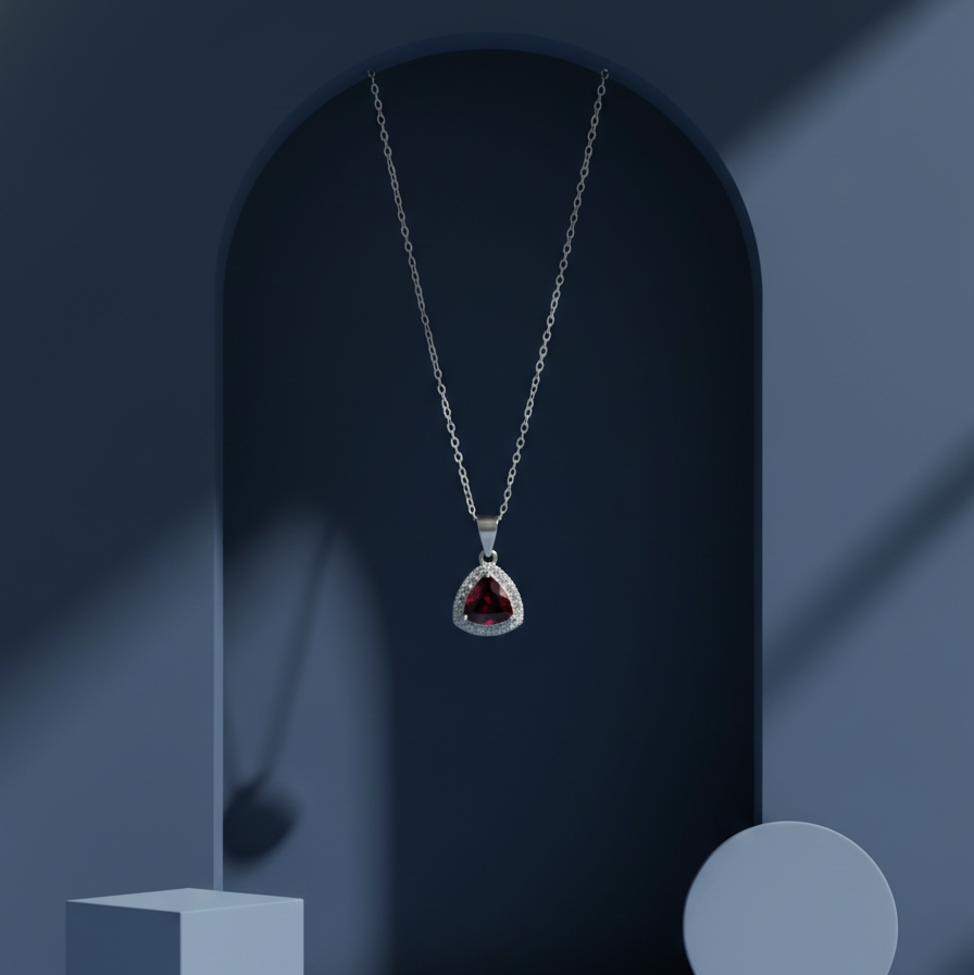 Ruby Radiance Trillion Cut Sterling Silver Halo Chain Pendent