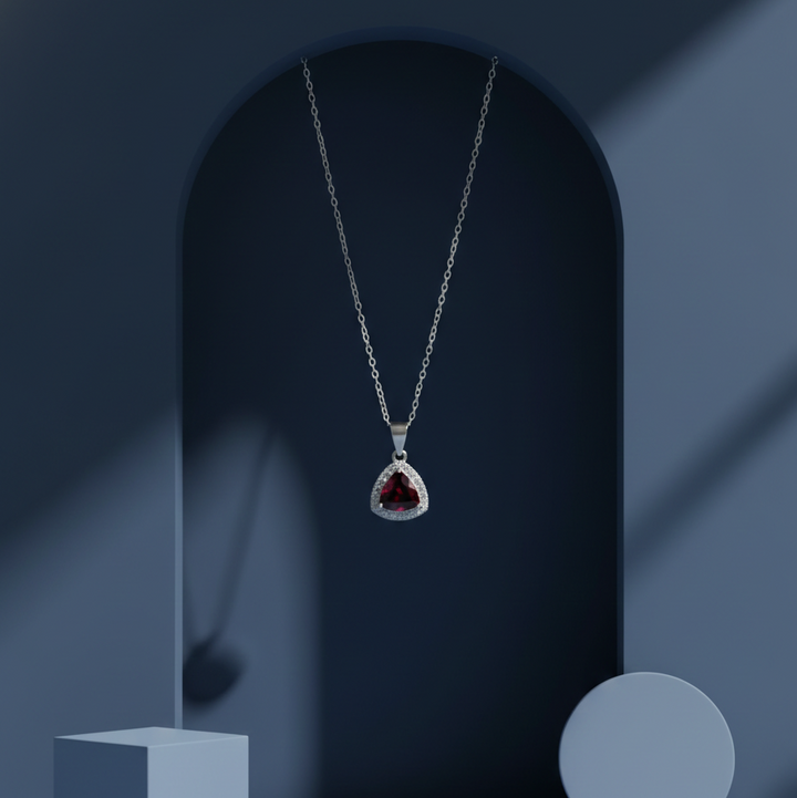Ruby Radiance Trillion Cut Sterling Silver Halo Chain Pendent