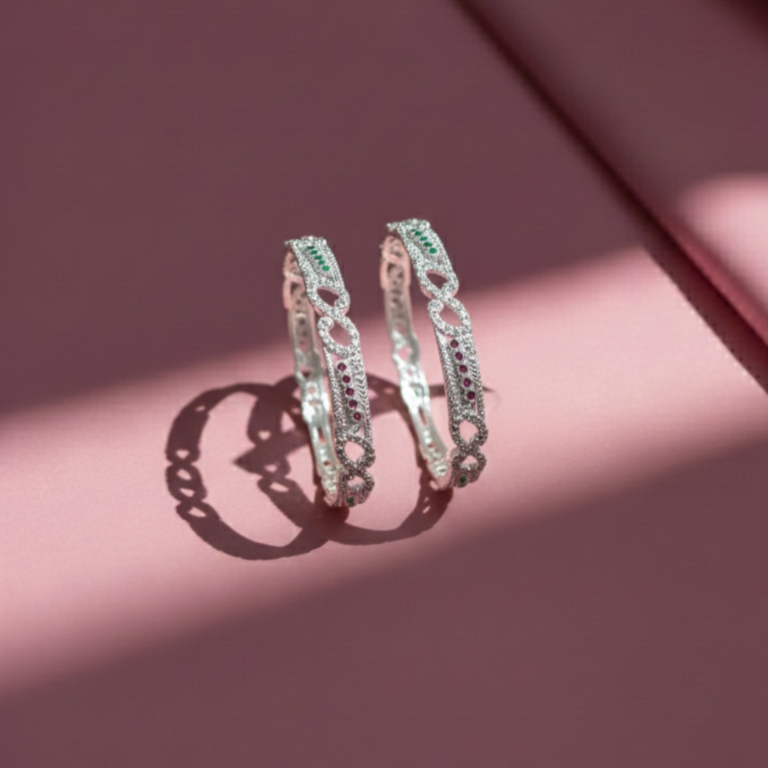 Elegant Ruby Emerald Cutout Silver Bangles