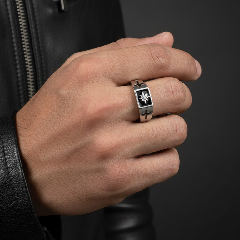 Celestial North Star & Cross Inset Signet Ring