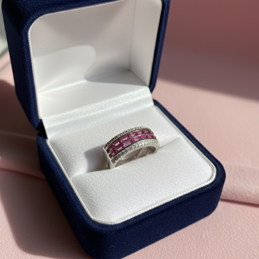 Vibrant Pink Baguette Gemstone Pave Band Ring