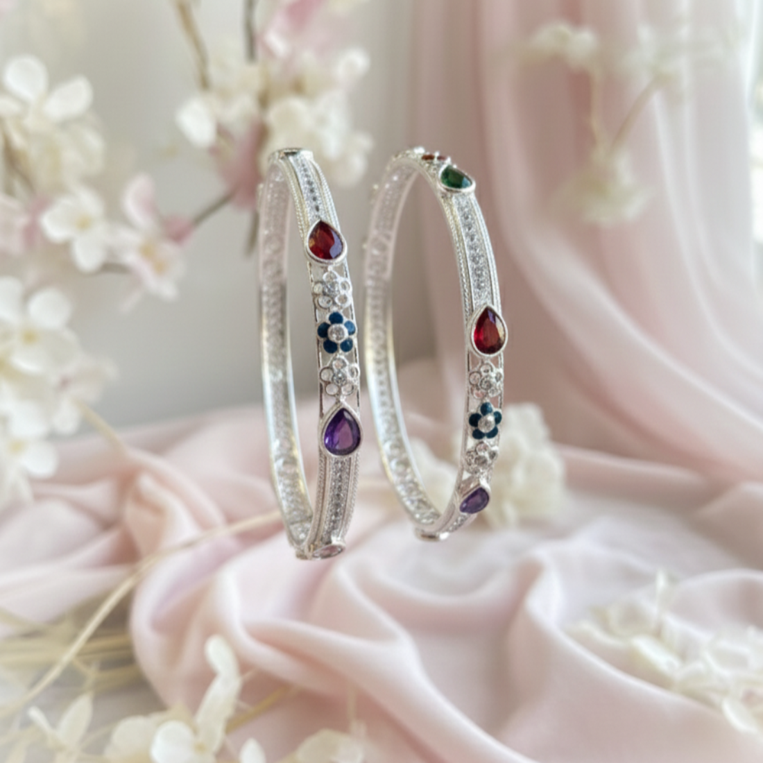 Exquisite Silver Bangle Elegance Colorful Zircons