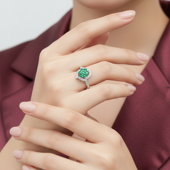 Exquisite Emerald Floral Cluster Ring in Sterling Silver