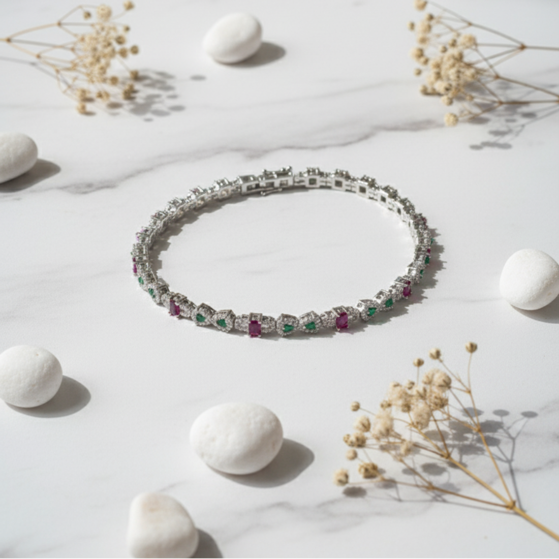 Elegant Ruby and Emerald Diamond Tennis Bracelet