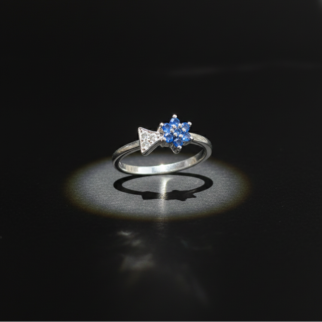 Blue Flower and Clear Triangle Accent Silver Ring.