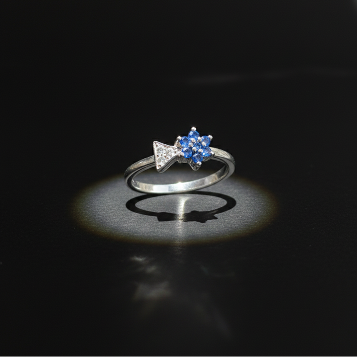 Blue Flower and Clear Triangle Accent Silver Ring.