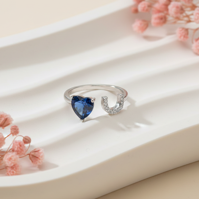Timeless Elegance: Heart Sapphire & Diamond Horseshoe Open Ring