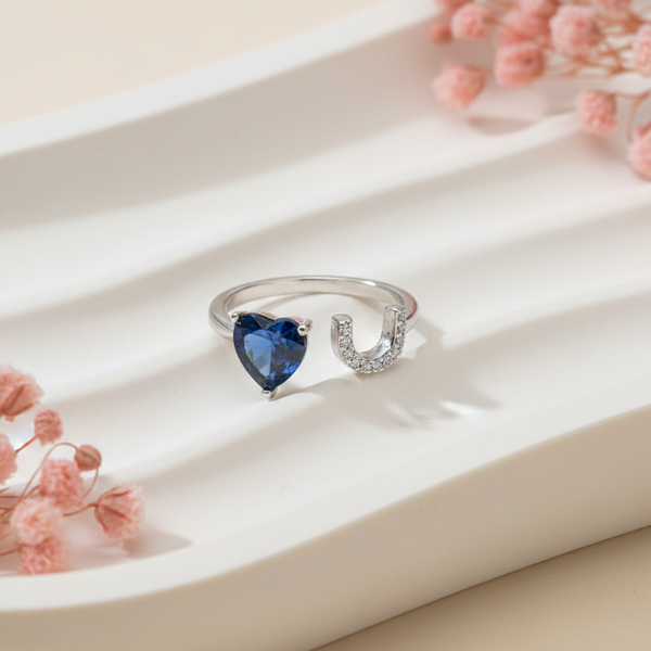 Timeless Elegance: Heart Sapphire & Diamond Horseshoe Open Ring