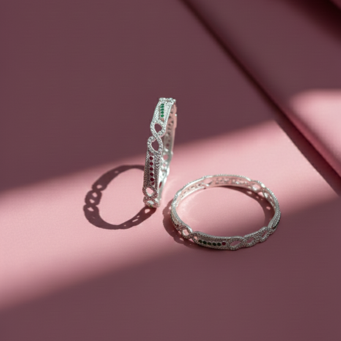 Elegant Ruby Emerald Cutout Silver Bangles