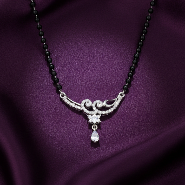 Elegant Diamond-Studded Silver Mangalsutra with Teardrop Pendant
